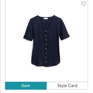 Short sleeve navy top with silver buttons